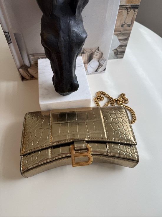 Balenciaga Handbags - Balenciaga Hourglass Gold Croc-Embossed B Chain Wallet